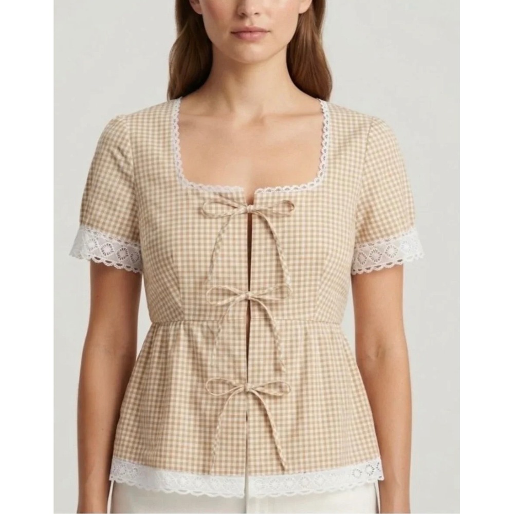Bagatelle Collection Tan Gingham Lace Trim Front Tie Babydoll Top